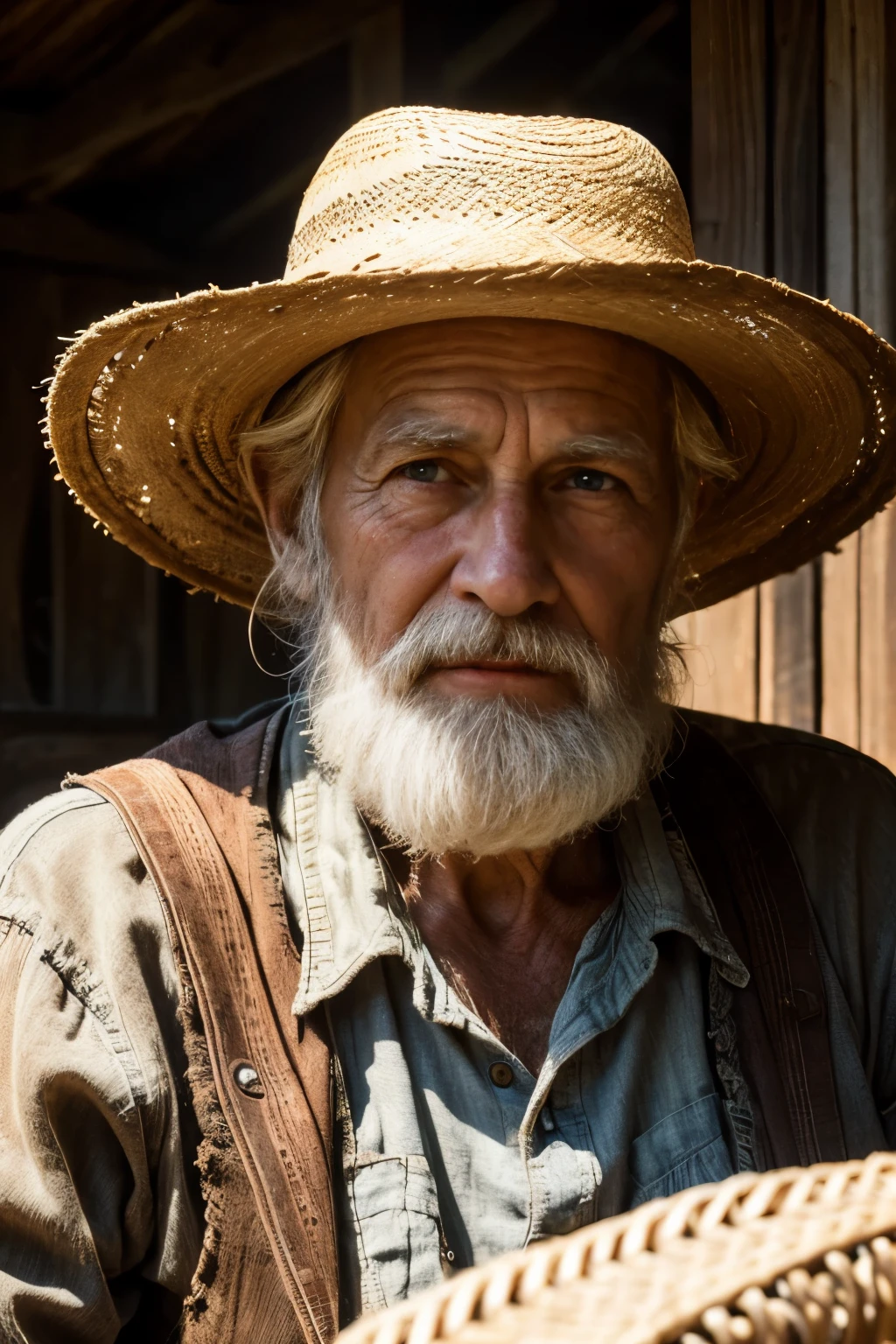 detailed old farmer, straw hat, rocking chair, storytelling, farmhouse background, high resolution, close-up, photorealistic, warm lighting, detailed face, intricate clothing, weathered skin, rustic setting, natural tones, cinematic composition, masterpiece, 8k