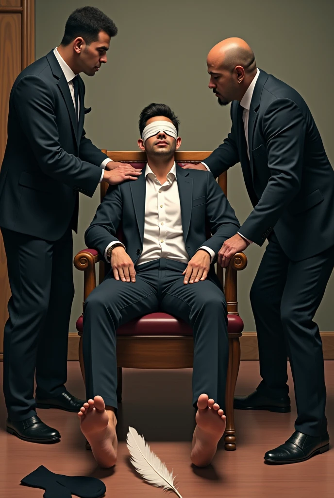 Handsome malay Zarul 20years lawyer
1 man massage his soles
He laugh
Focus 5toefeet
Shoeless
Hand Handcuff wooden chair
blindfolded
feather on floor
Pair of Blacksock on floor
2 mafia pinch their nose