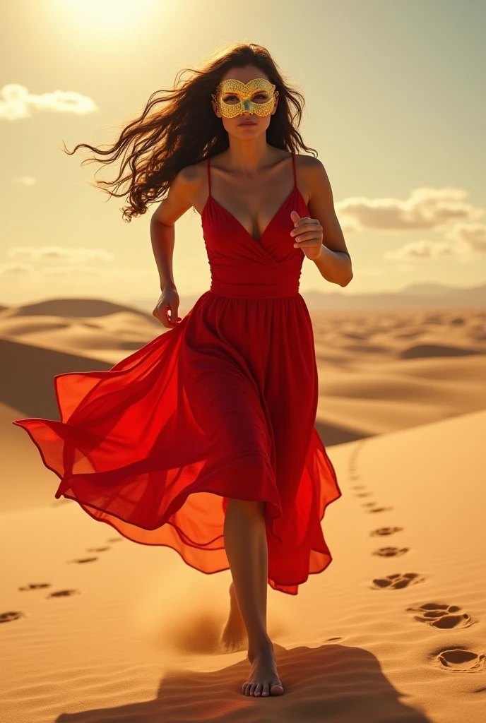 Woman, Brunetette, curled hair, wearing a flowing red dress and a golden mask, running in the desert barefoot.