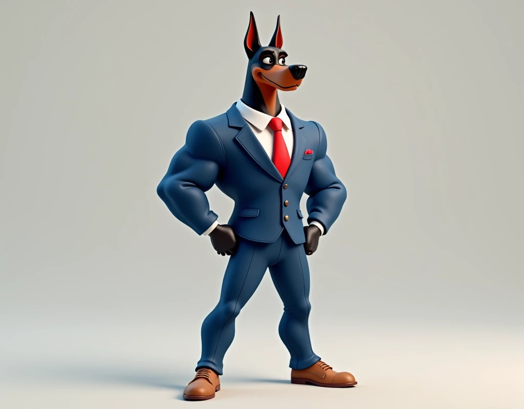 Create a drawing of a Doberman dog with a muscular human body,   light brown cazuales shoes  , blue suit    , White shirt  , red tie, 3d cartoon. 
