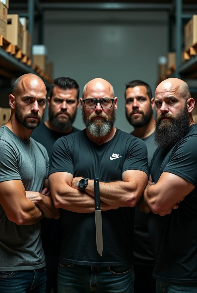 5 people looking at camera with knife ,being a bald and bearded man , second one with glasses beard and nike shirt, third a tall bald man with a Viking body, 40 years old ,the fourth a chubby bearded guy, fifth a dark-haired man like will smit with nude hair in the background of the image shelves and stock boxes, 4 of etinia branca and only the fifth and moreno