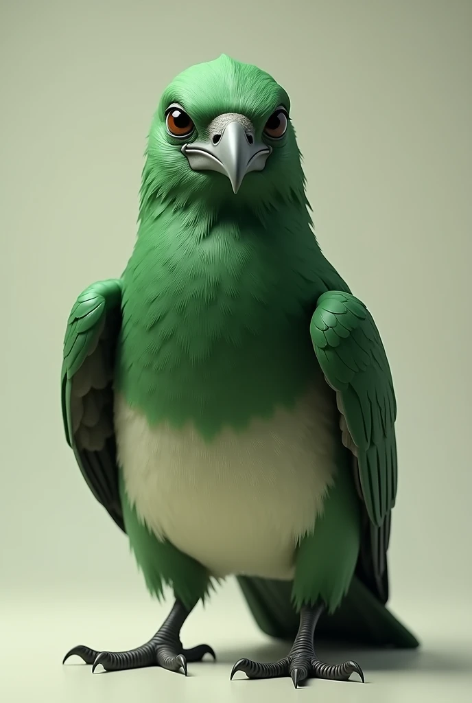 Funny looking green crow looking at the camera ,
Belly color is whitish. Posing hait hitlar pose . Photorealistic