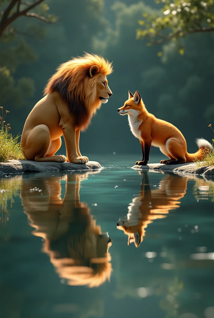 **Reflections in Water**: The lion and fox looking at their reflections in a calm pond, symbolizing self-discovery through