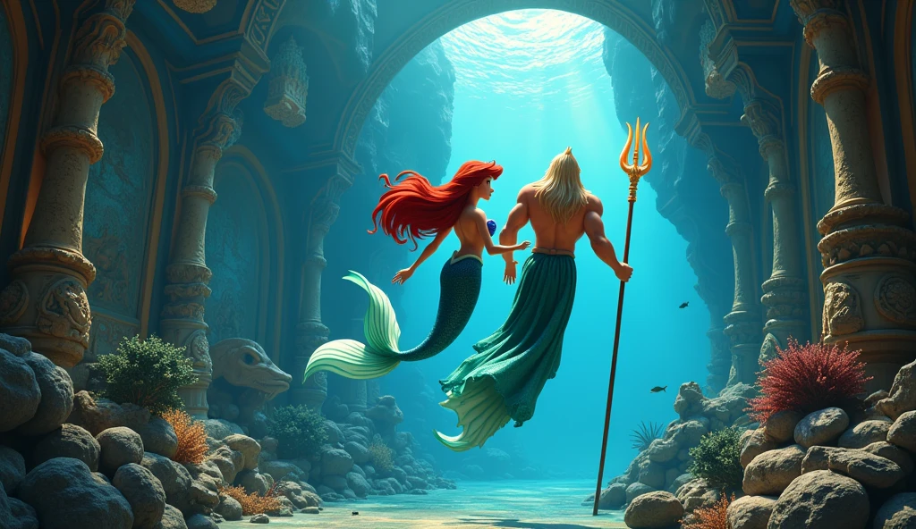 Mermaid Ariel and her father are swimming through the royal museum that shows a little about sea creatures