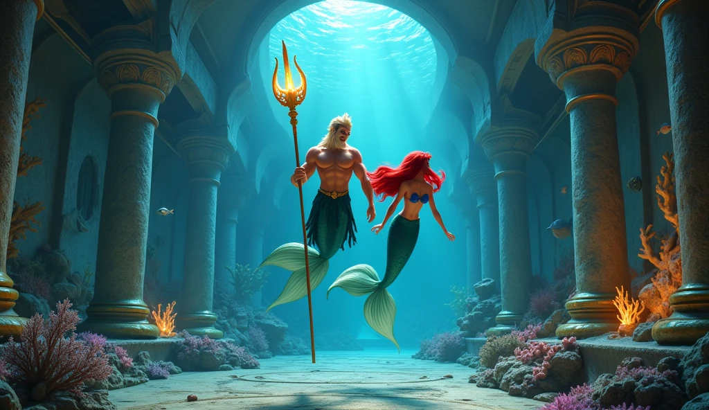 Mermaid Ariel and her father are swimming through the royal museum that shows a little about sea creatures