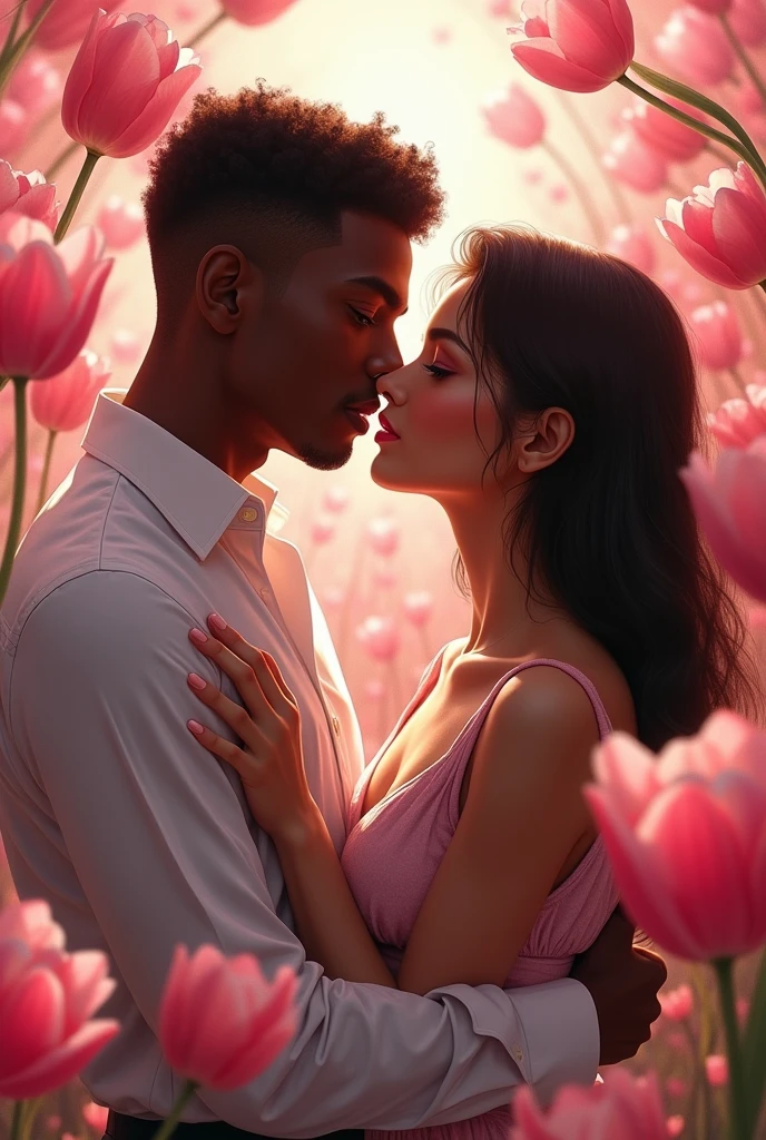 Couple formed by one with dark skin and straight hair and one with white skin and brown hair, hugging with a background of pink tulips and the Macqueen