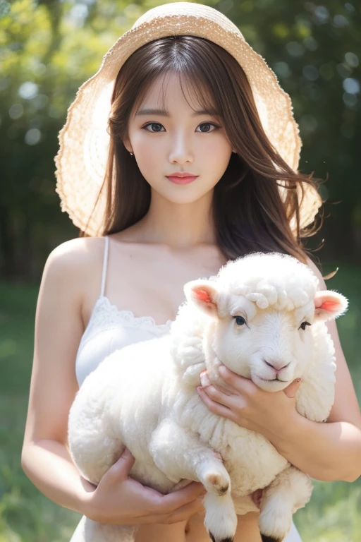 Highest quality,High resolution,Woman holding a white sheep,Clear eyes are cute,Sexy fluffy sheep's wool leotard:1.5,Her long hair that reaches down to her waist is fluttering:1.5,There are lots of sheep's fluff flying around,The background is a meadow