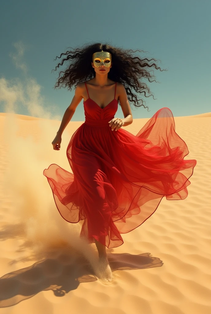 Woman, black, curled hair, wearing a flowing red dress and a golden mask, running in the desert barefoot.