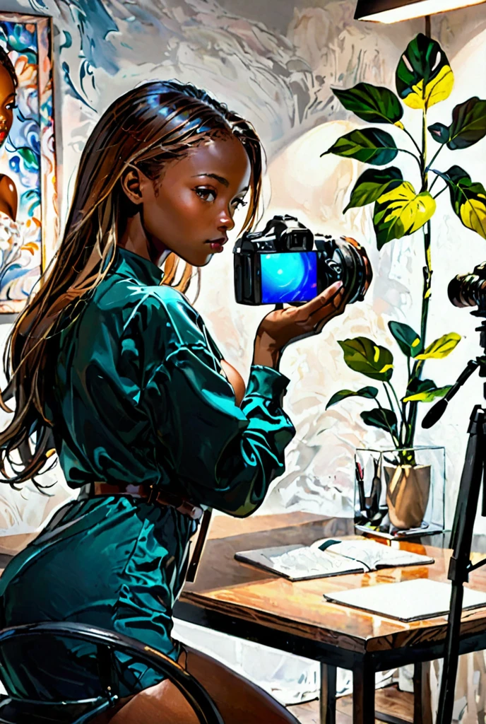 a beautiful young woman with dark ebony skin, photographing herself with a high-quality DSLR camera, sensual semi-nude pose, studio lighting, 8k, photorealistic, hyperdetailed, cinematic composition, dramatic lighting, vivid colors, flawless skin, elegant pose, graceful movement, captivating expression, portrait, chiaroscuro, dramatic shadows, professional style, hyperrealistic natural photography, studio photography