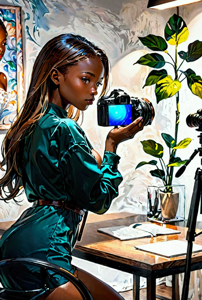 a beautiful young woman with dark ebony skin, photographing herself with a high-quality DSLR camera, sensual semi-nude pose, studio lighting, 8k, photorealistic, hyperdetailed, cinematic composition, dramatic lighting, vivid colors, flawless skin, elegant pose, graceful movement, captivating expression, portrait, chiaroscuro, dramatic shadows, professional style, hyperrealistic natural photography, studio photography
