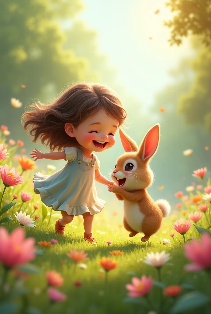 A cheerful scene of a girl and a rabbit playing together in a field, surrounded by colorful flowers.

