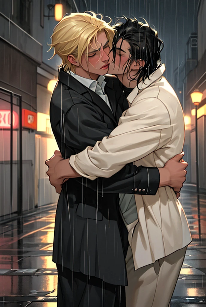 two men, blond hair, black hair, hugging each other in the rain crying, clothes from the thirties, night, old streets, kissing