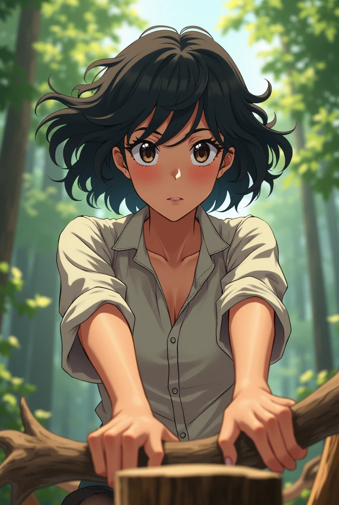 Chopping wood, short black hair, wavy hair, tan, woman, loose fitting button up shirt, piercing eyes, anime