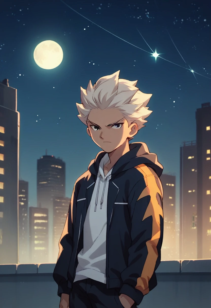 Score_9, Score_8_up, Score_7_up, anime source, highly detailed, axel 2, 1boy, male focus, alone, hoodie,  jacket, city, night, stars, moon, white hair