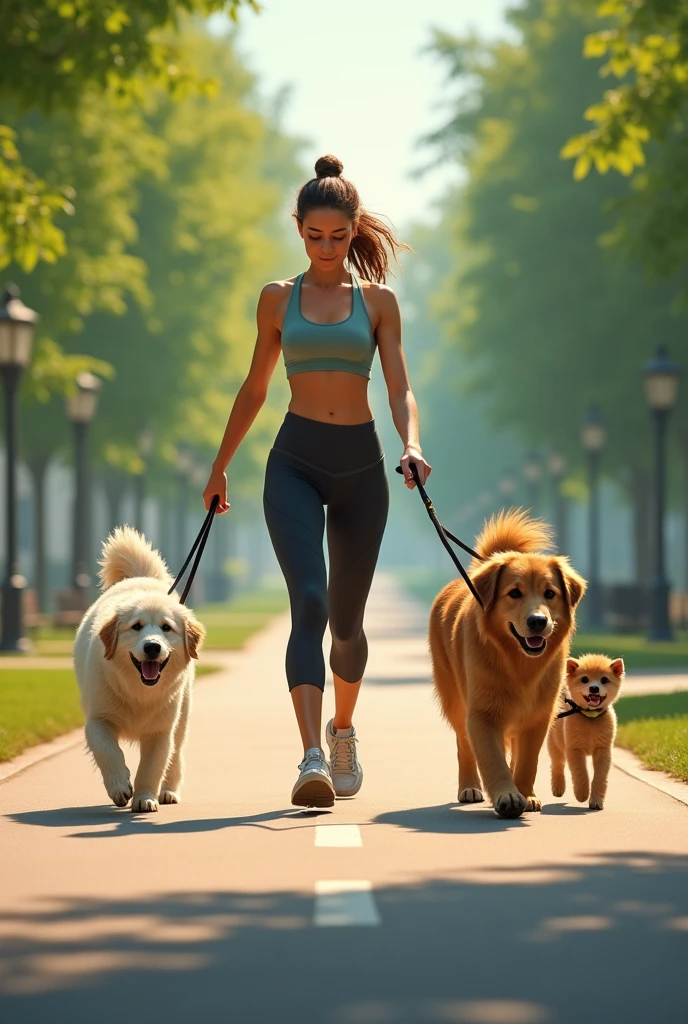 woman walking several dogs on leashes