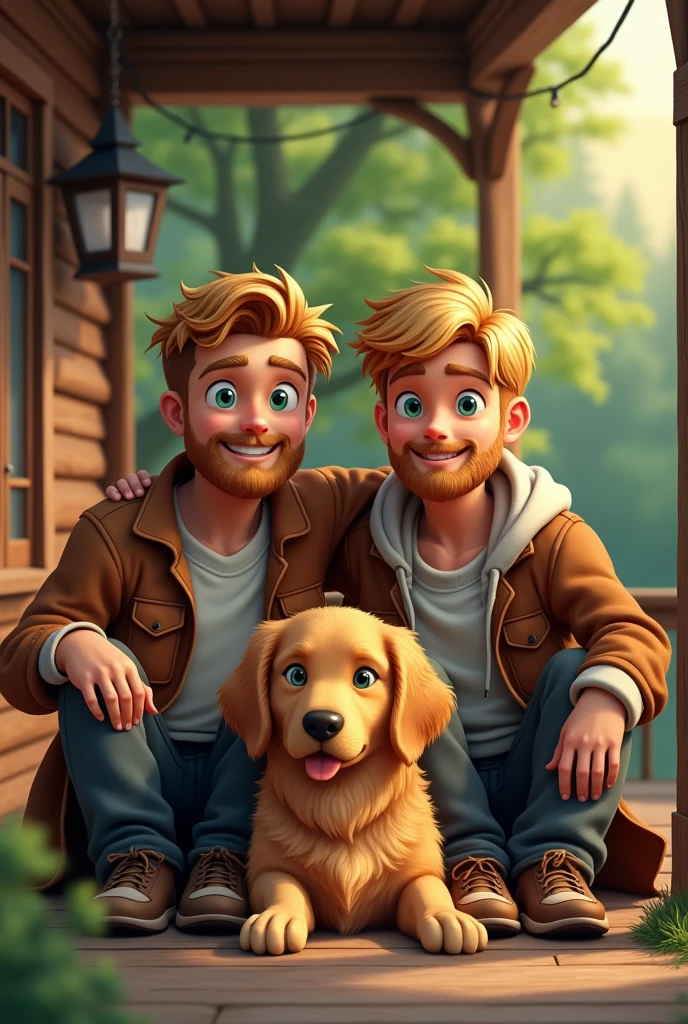 Blond twin brothers, one with a beard and the other without, both with blue-green eyes, sitting on the cabin porch with a Golden Retriever