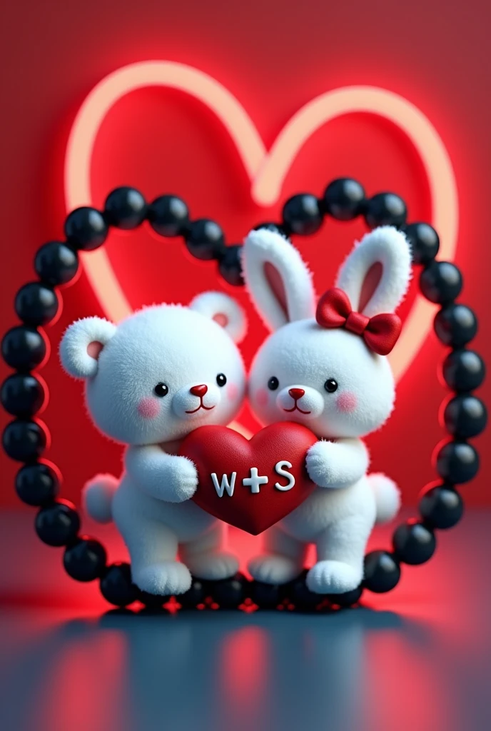 A 3D render of a white teddy bear and a white bunny rabbit wearing a red bow holding a red heart "W + S" written on it in Capital alphabets, are standing in a black beaded bracelet. The bracelet is sitting on a dark red and blue surface with a neon red heart shape in the background. The image is in the style of a cute cartoon.