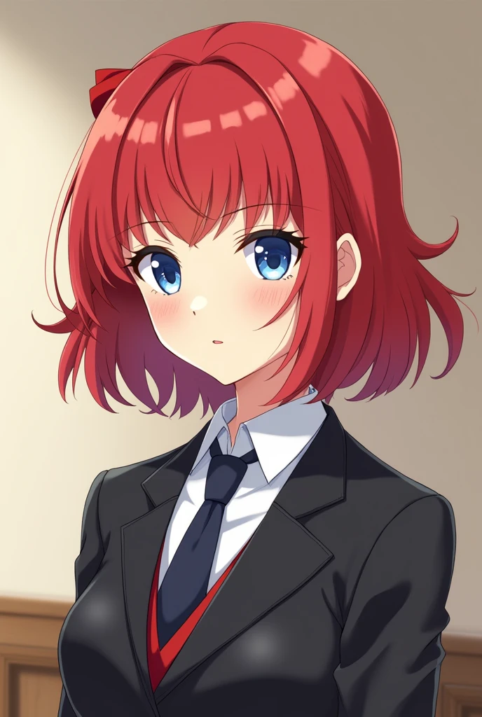 girl, schoolar uniform, rounded remainder, blue colored eyes, redheadwear.
