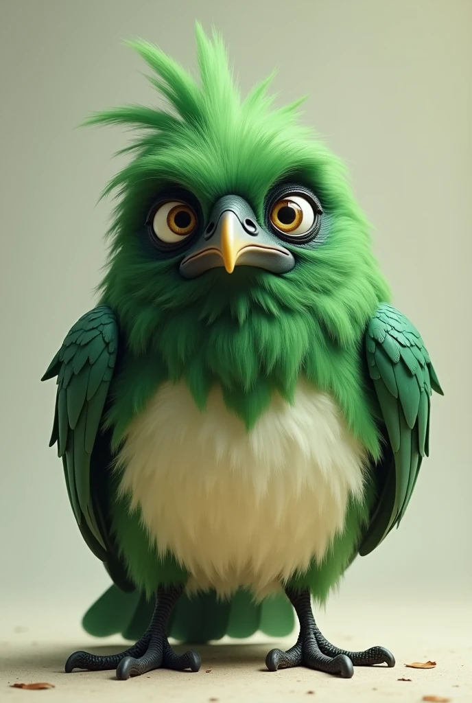 Funny looking green crow looking at the camera , 
Belly color is whitish.   Photorealistic 