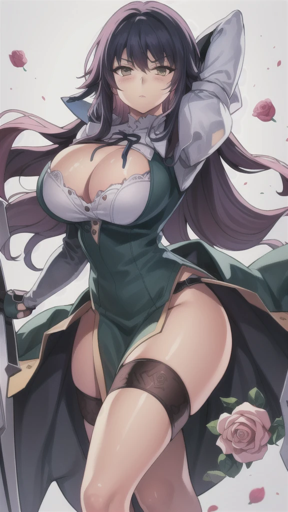 masterpiece,best quality,kim_kwang_hyun, 1gir, azuma, yellow highlights , rose-pink hair, solo, busty , large huge breasts, looking at viewer,  clear Cyan colored eyes, rose-pink hair, large huge breasts, long sleeves, dress, cleavage, closed mouth,weapon((large mechanical gauntlets)), puffy sleeves, arm up, clothing cutout, copyright name, green dress, cleavage cutout, juliet sleeves , power armor, shoulder armor, rose-pink hair,  Serious, clear Cyan colored eyes, Large mechanical gauntlets 