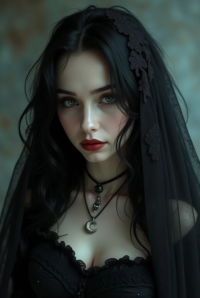 A woman. Her hair is long and wavy black., with locks that fall like shadows on her pale face. His eyes are deep and dark,
Her skin is pale and soft, with a touch of translucency,. Her lips are thin and red, and her smile is enigmatic and seductive.
You wore black, with flowing and vaporous clothes. A lace veil covers her hair.
In his neck, a silver pendant in the shape of a crescent moon