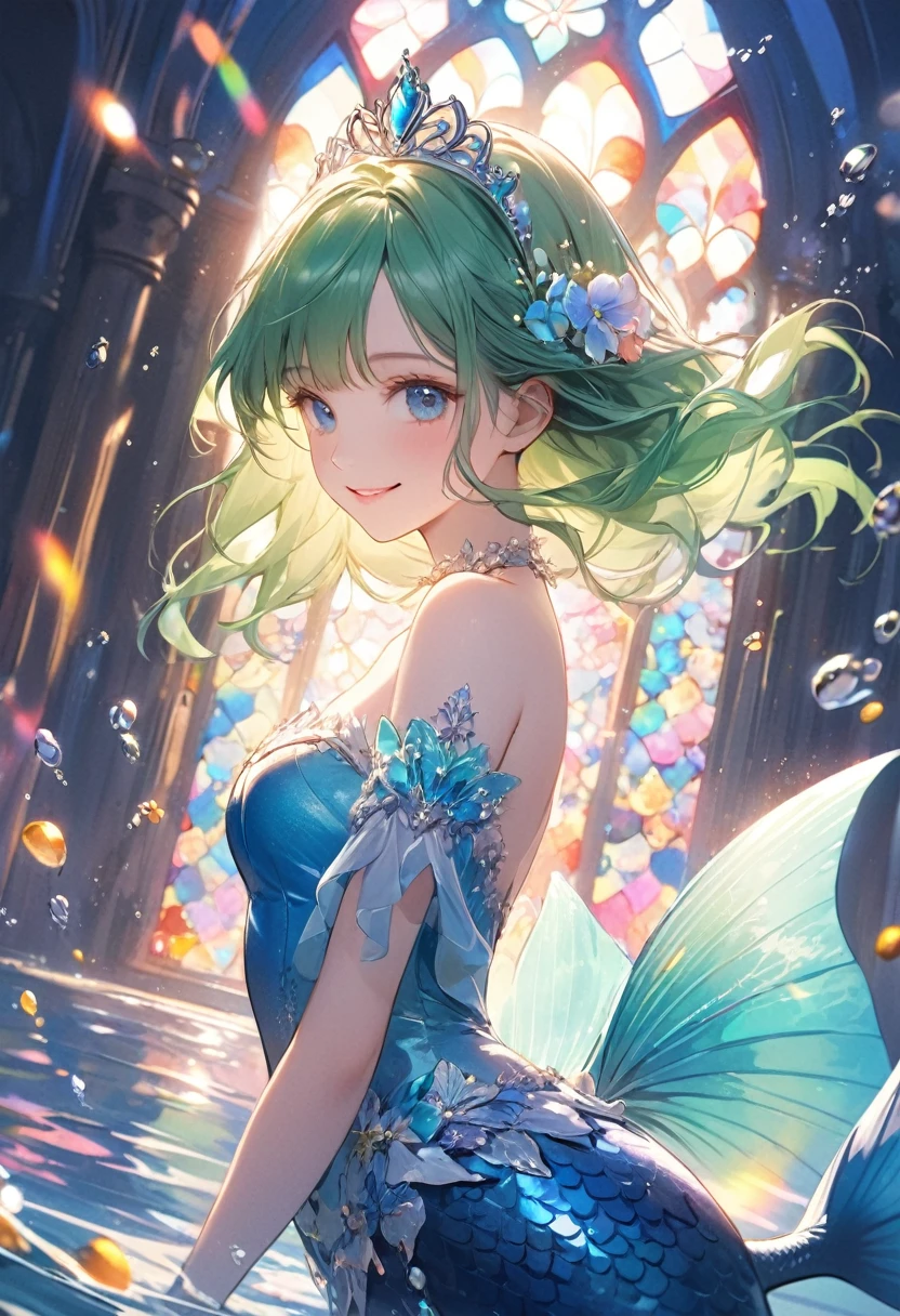(Blue Theme Art),(Highest quality),(masterpiece),(1. The Little Mermaid),(alone),Delicately painted face,Girl with a beautiful face,Clear blue eyes with beautiful details,(Beautifully detailed mermaid fin),Swimming underwater,Beautiful fins,Beautifully detailed blue fins,((Blue costume and decoration)),(Beautiful silky green hair:1.3),tiara,Pure white skin,Beautiful artistic illustration,White and blue theme,Beautiful smile,(From the side),(Glancing sideways),Cowboy Shot,Bright colors,Soft gradient,pastel,Lens flare,(Floats on water),Stained Glass Background,The whole body is visible