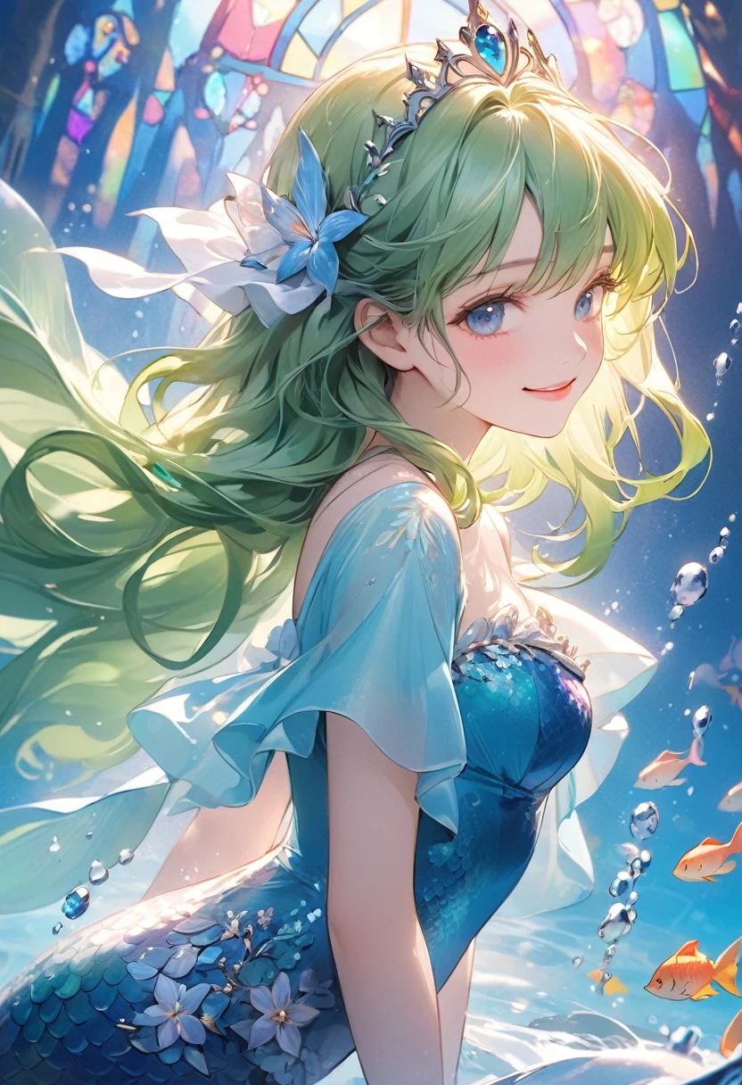 (Blue Theme Art),(Highest quality),(masterpiece),(1. The Little Mermaid),(alone),Delicately painted face,Girl with a beautiful face,Clear blue eyes with beautiful details,(Beautifully detailed mermaid fin),Swimming underwater,Beautiful fins,Beautifully detailed blue fins,((Blue costume and decoration)),(Beautiful silky green hair:1.3),tiara,Pure white skin,Beautiful artistic illustration,White and blue theme,Beautiful smile,(From the side),(Glancing sideways),Cowboy Shot,Bright colors,Soft gradient,pastel,Lens flare,(Floats on water),Stained Glass Background,The whole body is visible