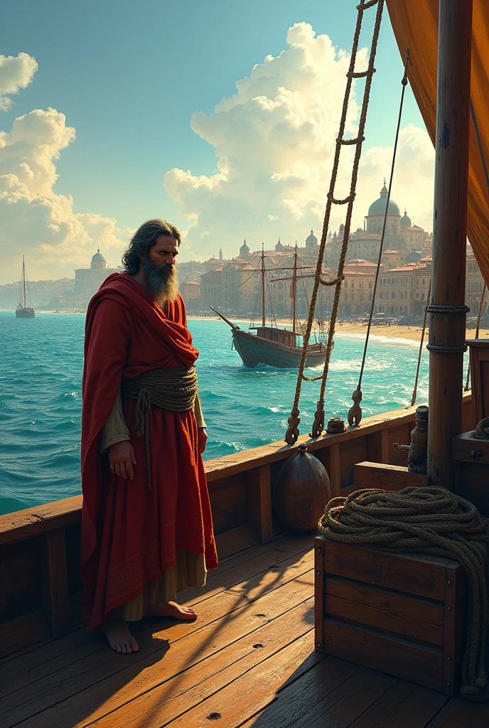 Apostle Paul on the ship looking at the city nearby