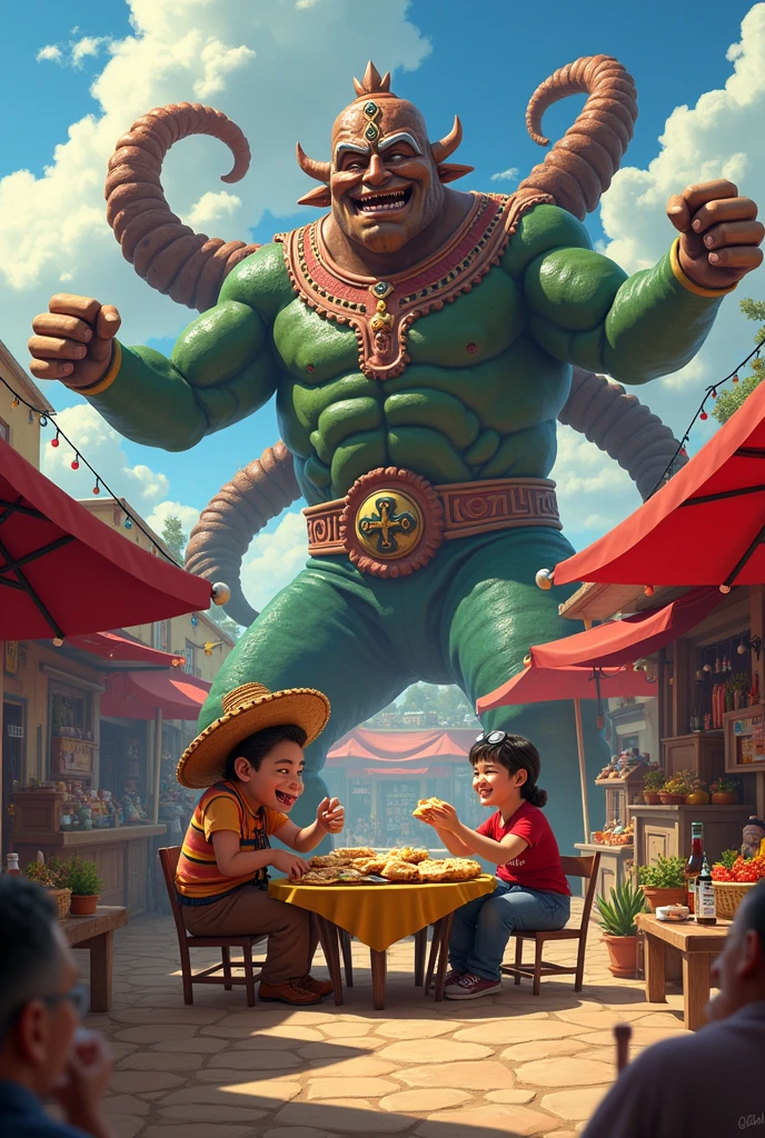 Exodia the forbidden eating memelas with Patricio Estrella in a street stall where the one who serves is Chavo del Ocho