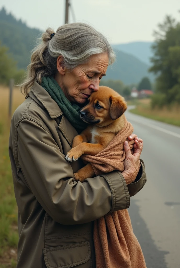 An old women pick up the hurted puppy from the side of the road carrying in the arm with a towel 