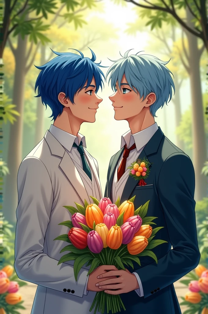 Two men, one with blue hair and the other with light blue hair, getting married, The one with blue hair who has a bouquet of tulips
