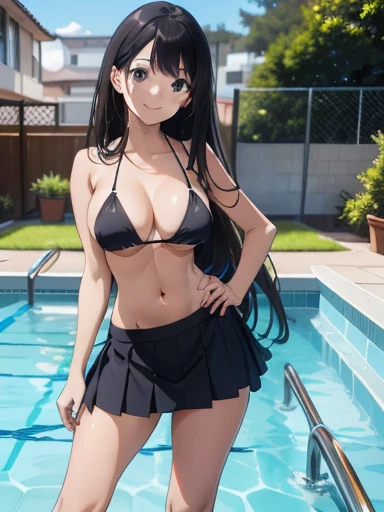 masterpiece, High resolution, High resolution, High resolution, Girl, cute, adorable, smiling, straight hair, long hair, black hair, standing, Swayback stance, looking at the camera, From the front, from thighs to head, pool, daylight,Skirt-style-bikini