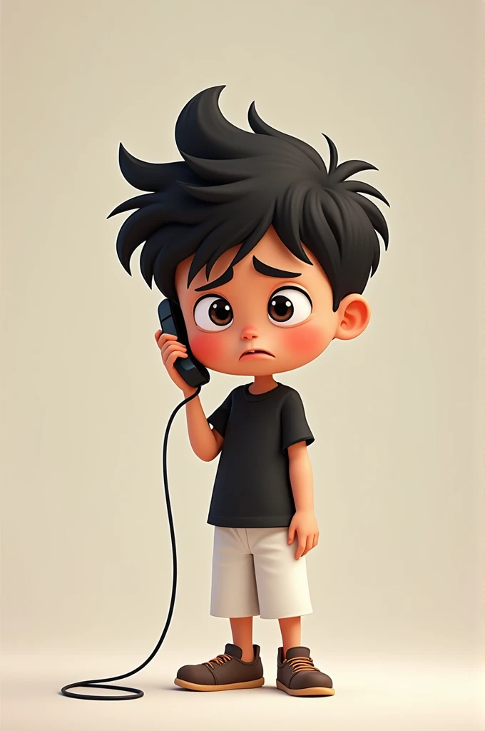 A boy waiting on the phone black shirt white pant big hair animated character