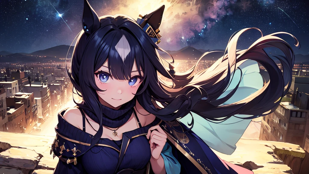 solo、Alone、１Alone。masterpiece, uhd, best quality, highres, 8k、(noline)、(flat2-dim1)、shoot from above、upper body shot。Girl with horse ears、beautiful girl、Beautiful breasts。Smile。necklace。Light blue dress、sweater、Shoulder less、Attached sleeves、Thick Yarn、Mesh pattern、knitting、Veil、Veil、Scarf cloak、Stall Mantle、Shawl cloak、muffler cloak。Hands on hips。breeze、cliff、Starry Sky