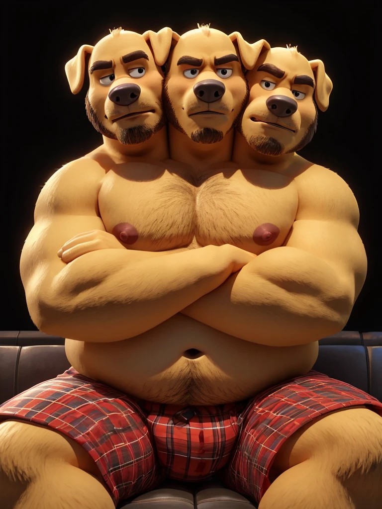 solo, golden retriever, twins, 60 year old male, ((arms crossed:1.3)), natural pose, sexy pose, sitting on couch, different facial expressions, tired, bored, annoyed, three identical heads attached to the same body, golden retriever ears, bald, stubble, beard, yellow fur, masculine, three necks, eyes, adult, male, 3d, by disney, by pixar, (overweight, fat, obese, big belly, out of shape), black background, shirtless, navel, male nipples, boxers, correct hands, correct anatomy, ultradetailed, best quality, detailed masterpiece, highly detailed masterpiece, 4k, professional cartoon