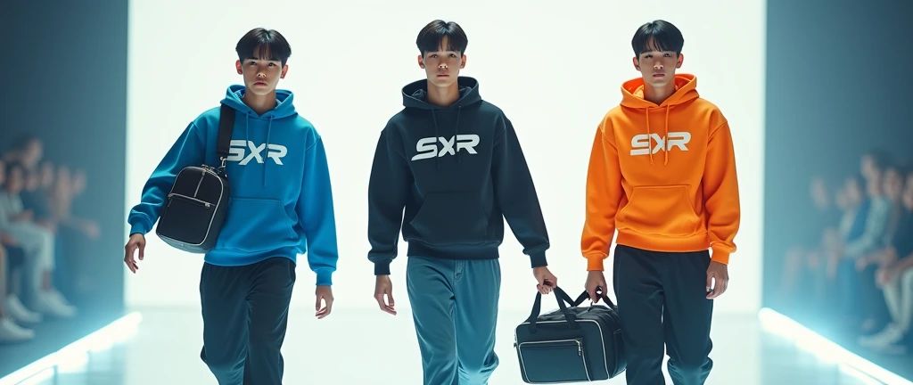 (photorealism:1.2), Three sportwear fashion handsome 18 yrs. old, k pop Asian male model, runway show full body holding sports bag pack, tank top casual wear style, SXR logo design, ultra-detailed, film photography, light leaks, trending on sportwear, sharp focus, studio photo, futuristic details, highly detailed