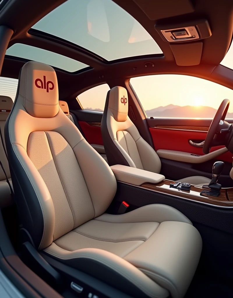 Camera view in 3/4 angle (45 degrees). Highlights include the fully customized interior design, the highly sophisticated and modern sports seats in beige synthetic leather with the initials “ALP” written in carmine red on the headrest, the doors and side panels finished in carbon fiber and walnut, creating a blend of modernity and tradition and the closed panoramic sunroof that reflects natural light. | Natural light with a magnificent pink-orange sunset outdoors, ((work of art, ultra HD, CRU, best qualityer, High details, 8k:1.2)). --style raw --ar 4:5 --iw 0.7   