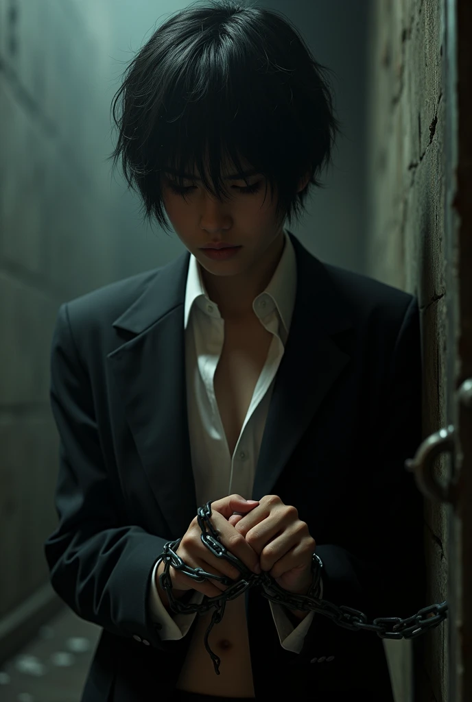 artwork best quality a handsome young american male ager with black hair and bangs wearing black clothes in captivity, chained with chains on each arm attached to the wall, hands acorrentado and whole body restrained, black suit without a blouse underneath, It seems difficult, implacable, black fantasy, realisitic, digitl art, trends on ArtStation, sharp focus, studio photo, details Intricate, seen from a distance, very detailled, Depth of field, Unreal machine, perfect composition, 8K americano