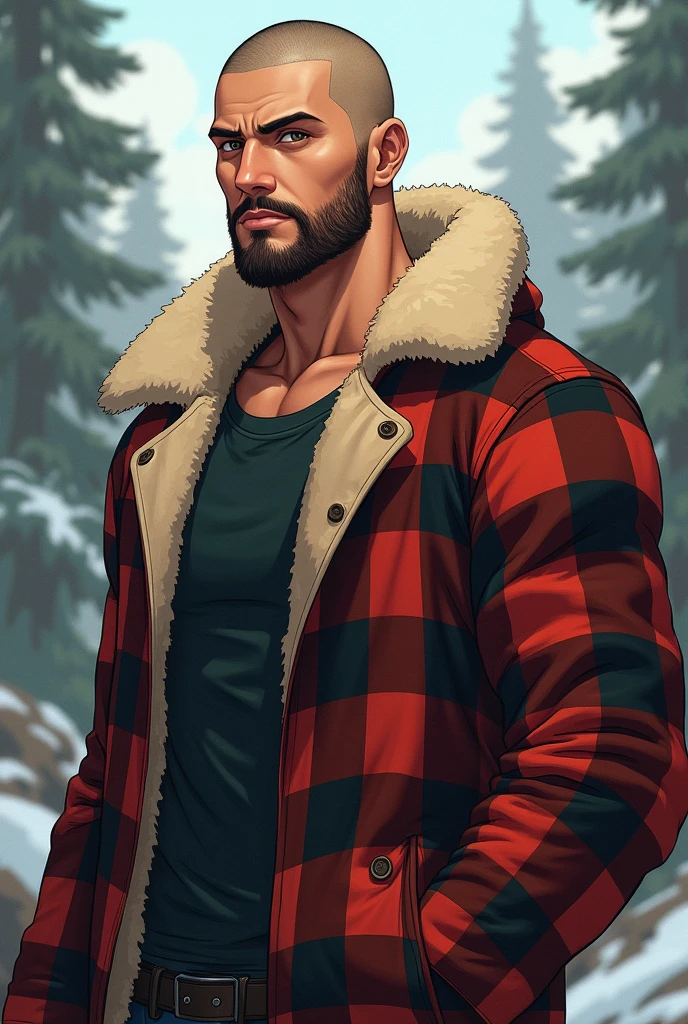 Tall Man, young, shaved hair, Checkered lumberjack jacket with sheepskin, anime, short beard