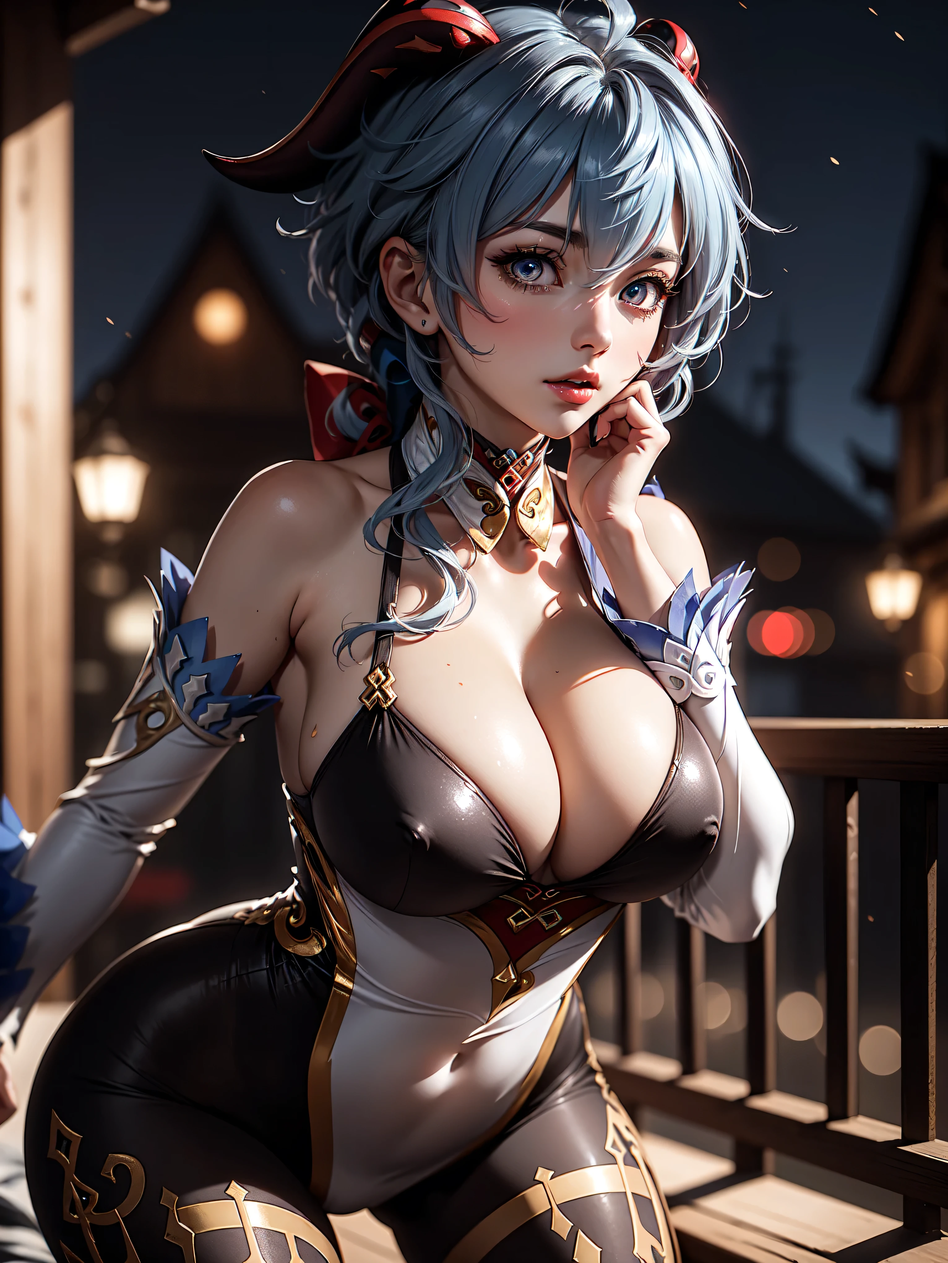 Solo, ((masterpiece)),(best quality),((ultra detailed)), (( blurry night background)), (dynamic angle),((beautiful detailed eyes), ((dynamic pose)), pretty face, ((sexy, cleavage)),((ganyudef))