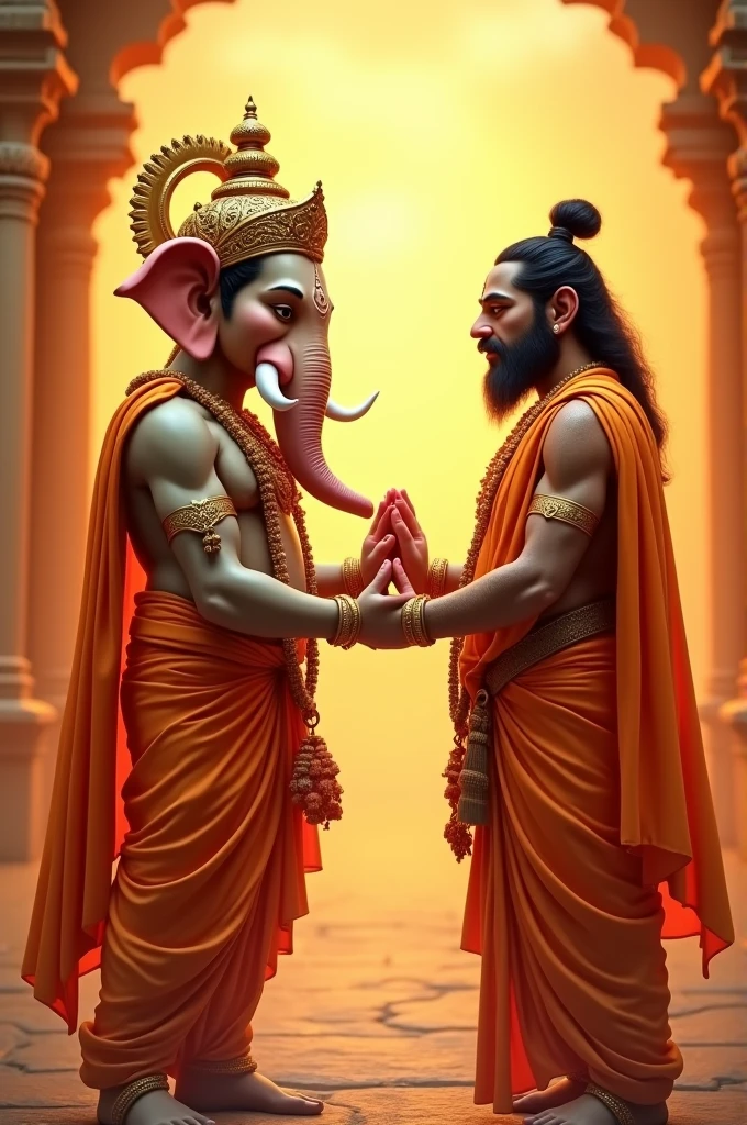 Ganesha and hanuman hand sheck to both in orenge colour dress