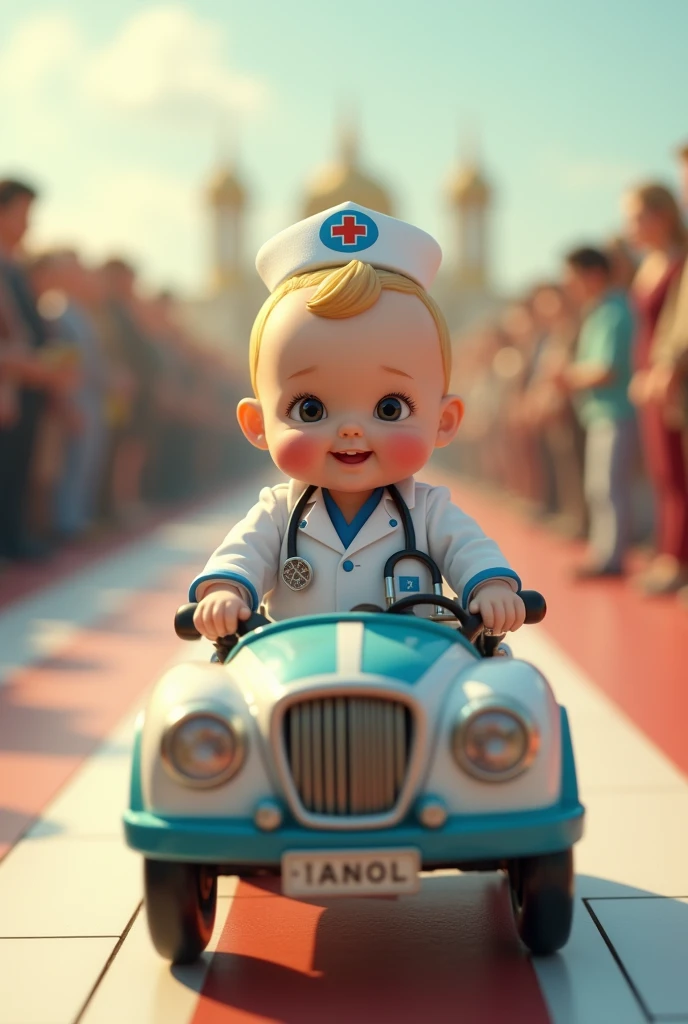 Create a scene where an adorable blonde royal baby is wearing a doctor outfit, and is riding in an ambulance baby car parading down the runway, 4k motion camera