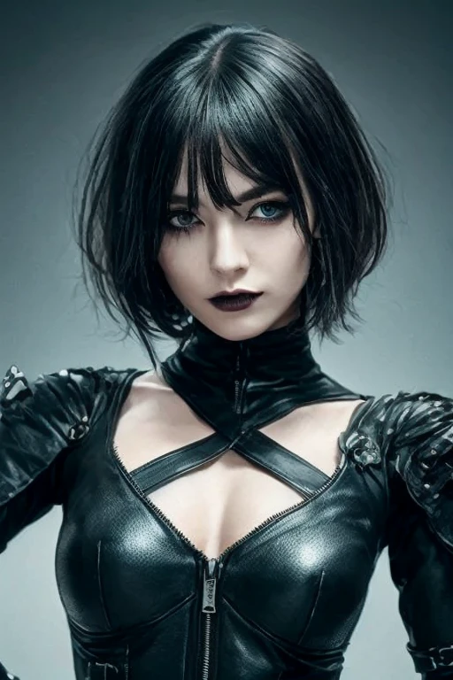 Perfect female android, short hair, straight front bangs covering the forehead to the eyebrows, Yor Forger style hair, black gothic futuristic outfit with gray details