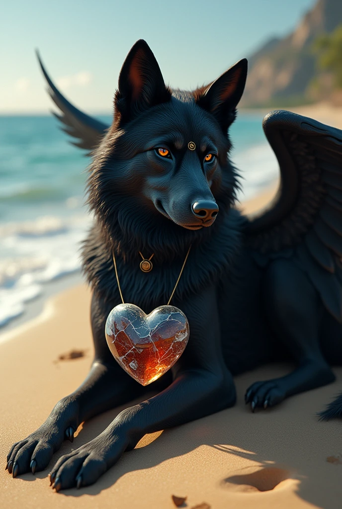 Black Siberian Husky wolf with wings lying on a beach.
Brown eyes and sad look.
 A seal of a small sun on the forehead.
And a little broken glass heart in my chest .
tatoo