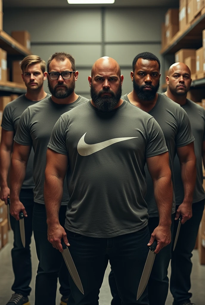 5 people looking at camera with knives ,being a bald and bearded man , second one with glasses beard and nike shirt, third a tall bald man with a Viking body, 40 years old ,the fourth a chubby bearded guy, fifth a mulatto like will smit with nudreds hair in the background of the image shelves and stock boxes, 4 of white ethnicity and only the fifth is mixed race