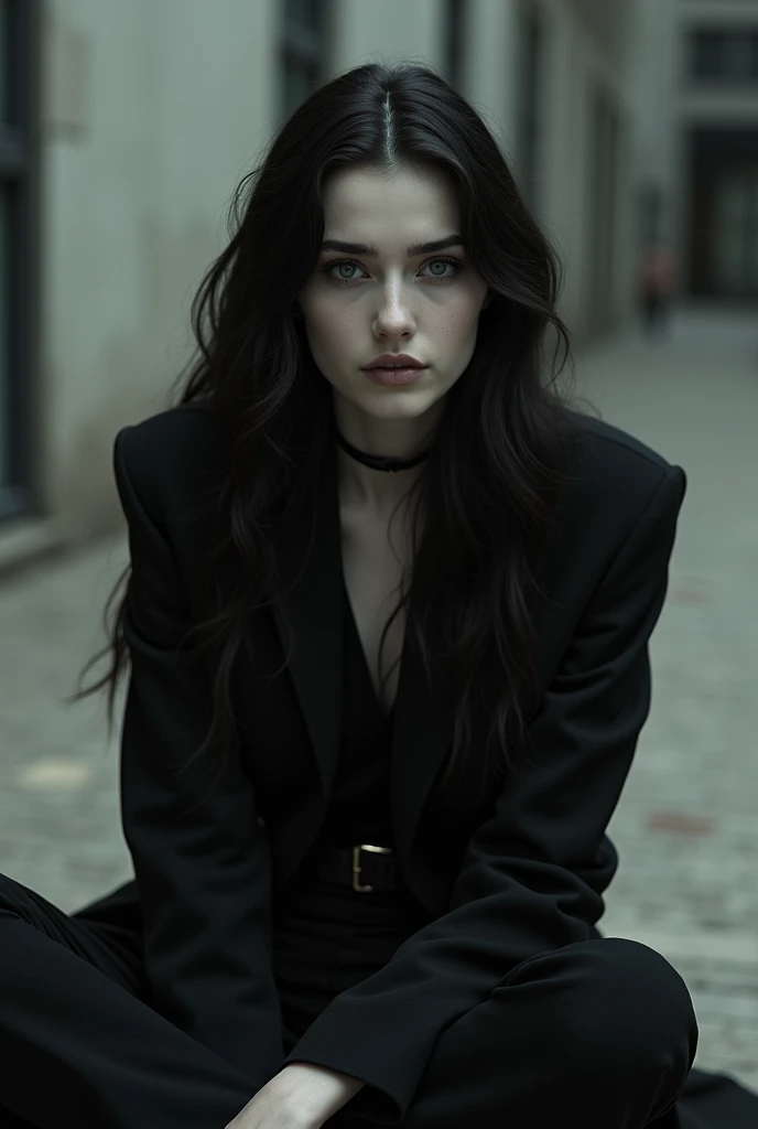 A teenager with the physiognomic features of Elsa and Merlina Adams, sitting with arms and legs crossed, Demonstrating superiority and apathy