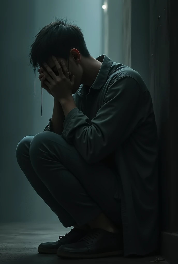 A man hiding and crying