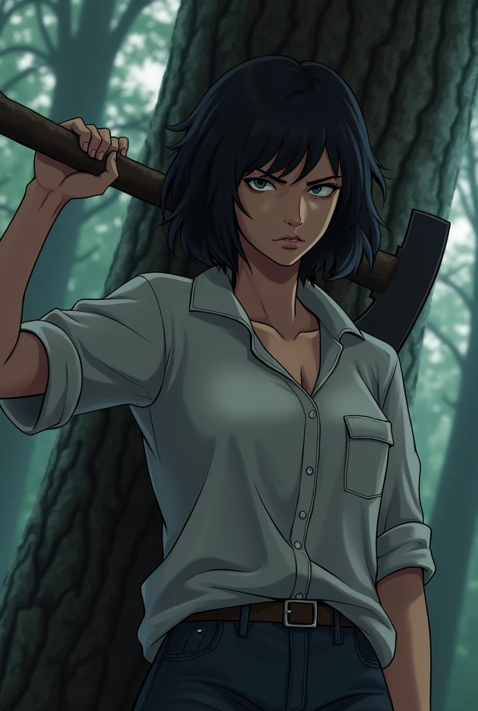  short black hair, wavy hair, tan, woman, loose fitting button up shirt, piercing eyes, holding axe, grumpy face, leaning on tree, anime