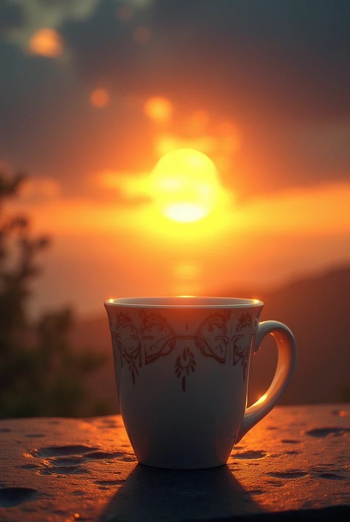 Create a sunrise and moonset image from a coffee mug and lots of bright sun glow - gold and blue, and from the silver moon