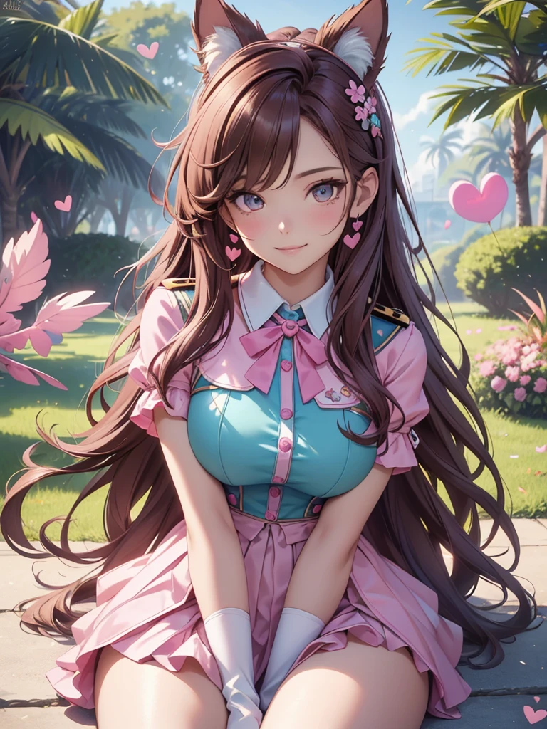 (best quality,4k,8k,highres,masterpiece:1.2),ultra-detailed,(realistic,photorealistic,photo-realistic:1.37),acrylic painting,beautiful Brazilian model in a uniform outfit with downy hair,beautiful Brazilian model with extremely colorful brown hair and detailed facial features,beautiful Brazilian model standing in a beautiful garden sakura flowers, long hair,cat ears, hair bows, uniform pink and teal outfits, smile, happy face, brown pink hair, hearts, sitting down